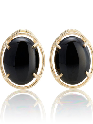 Black Jade Cabochon & Gold Earrings