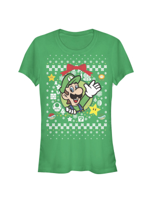 Junior's Nintendo Ugly Christmas Luigi Wreath T-shirt