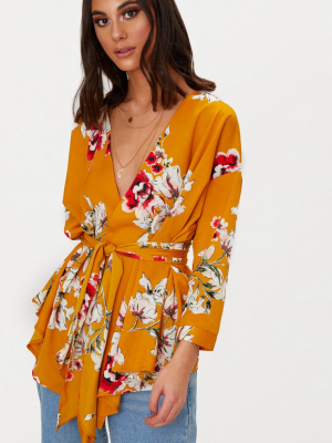 Mustard Large Floral Print Tie Waist Blouse