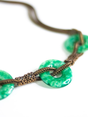 Vintage Czech Peking Glass Jade Green Disc Necklace