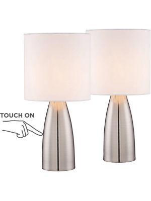 360 Lighting Modern Table Lamps 14 1/2" High Set Of 2 Touch On Off Switch Silver Metal White Drum Shade For Bedroom Bedside Office