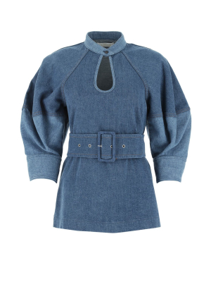 Chloé Denim Belted Puffed Sleeve Top