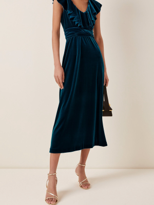 Ruffle-trimmed Velvet Midi Dress