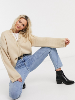 Asos Design Crew Neck Cardigan In Light Stone