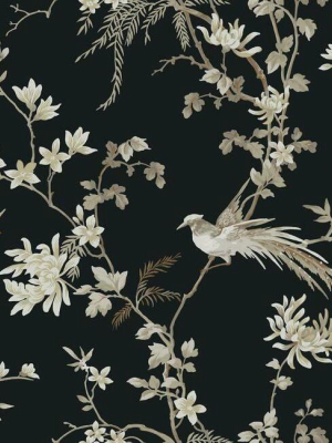 Bird And Blossom Chinoserie Wallpaper In Black From The Ronald Redding 24 Karat Collection By York Wallcoverings