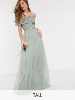 Maya Tall Bridesmaid Bardot Maxi Tulle Dress With Tonal Delicate Sequins In Sage Green