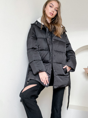 Asos Design Sateen Belted Puffer Jacket With Teddy Collar In Black