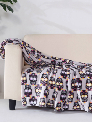 50"x60" Tulum Sugar Skulls Printed Halloween Throw Blanket Gray - Better Living