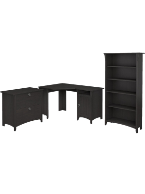 Bush Furniture 55w Corner Desk W/lateral File Cabinet And 5-shelf Bookcase Black Sal013vb