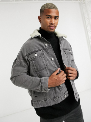 Asos Design Oversized Denim Jacket With Detachable Teddy Collar In Gray