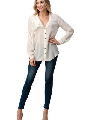 Kaii 100% Silk Ruffled Button Neck Front With Long Sleeves Shirt