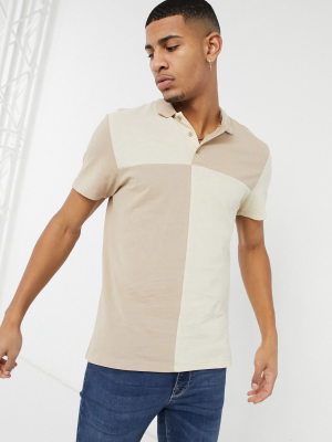 Asos Design Polo Shirt With Grid Color Block In Beige Pique