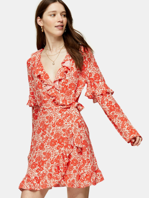 Red Print Ruffle Wrap Mini Dress