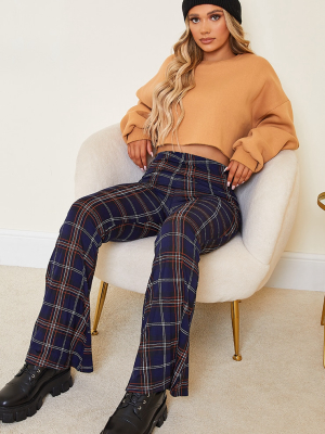 Navy Check Printed Flare Pants