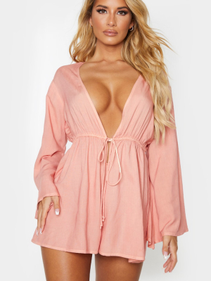 Pink Tie Waist Plunge Beach Romper