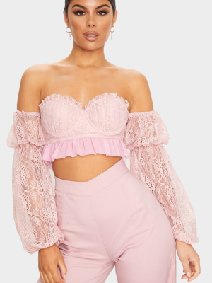 Blush Pink Lace Detail Bardot Long Sleeve Crop Top