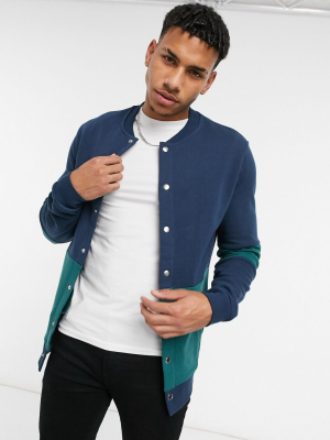 Asos Design Jersey Bomber Jacket In Navy And Green Color-blocking With Snaps