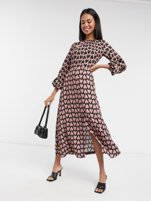 Closet London Long Sleeve Midaxi Dress In Contrast Heart Print