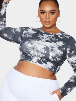 Plus Black Tie Dye Rib Long Sleeve Crop Top