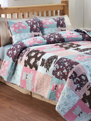 Lakeside Floral Felines Pet Themed Bedding Quilt Set With Pillow Shams