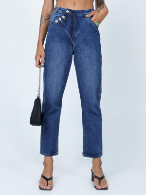 Asymmetric Exposed Button Fly Mid Wash Mom Jeans