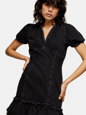 Washed Black V Neck Frill Hem Denim Mini Dress