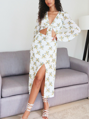 Yellow Floral Tie Top Split Detail Midi Dress