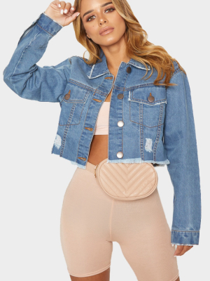 Petite Light Wash Raw Edge Cropped Denim Jacket