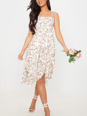 White Floral Print Cup Detail Tiered Midi Dress