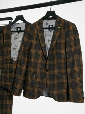 Twisted Tailor Suit Jacket In Brown And Gray Plaid