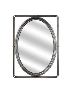 25" Oval Metal Vanity Wall Mirror In Rectangle Frame Antiqued Silver - American Art Decor