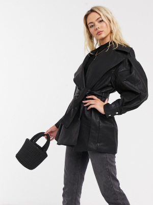 Asos Design Textured Belted Extreme Sleeve Leather Look Jacket In Black