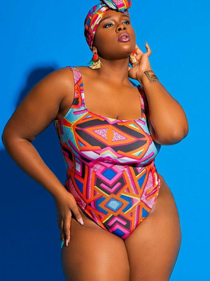 Plus Size Geometric Printed High Leg One Piece Swimsuit