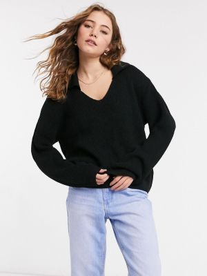 Asos Design V Neck Sweater With Collar In Black