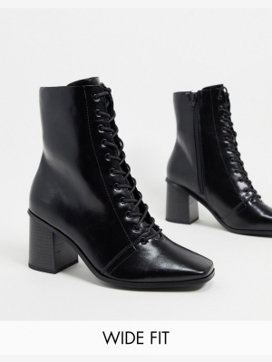 Asos Design Wide Fit Rylee Square Toe Lace Up Boots In Black