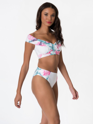 White & Pink Palm Leaf Print Bardot High Waist Brief Swim Bottoms