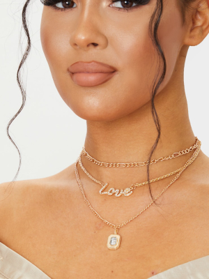 Gold Love Diamante Multi Layered Necklace