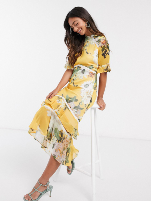 Hope & Ivy Open Back Midaxi Dress With Ruffle Hem In Yellow Based Floral Print