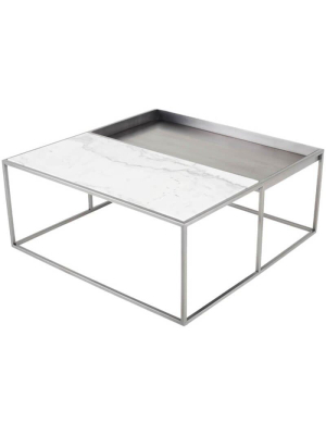 Corbett Coffee Table, White/brushed Stainless Base