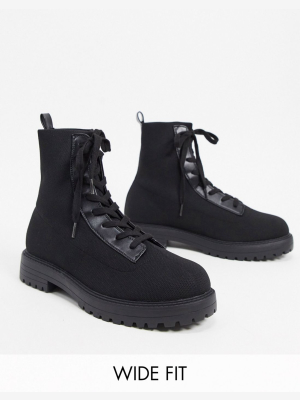 Asos Design Wide Fit Arrow Knitted Lace Up Ankle Boots In Black