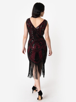 Unique Vintage 1920s Burgundy & Black Beaded Fringe Magdeleine Flapper Dress