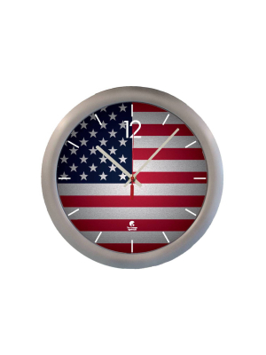 14" X 1.8" Us Flag Quartz Movement Decorative Wall Clock Silver Frame - By Chicago Lighthouse