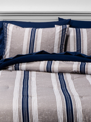 Bed In A Bag Blue & Gray Stripe Printed Microfiber With Navy Sheets - Room Essentials™