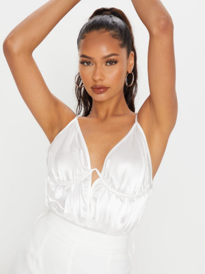 White Satin Plunge Ruched V -wire Bodysuit