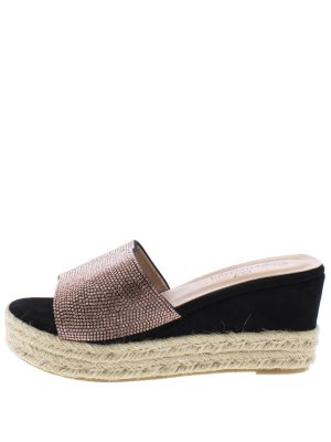 Grass204 Black Embellished Open Toe Espadrille Wedge