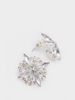 Silver Flower Diamante Stud Earrings