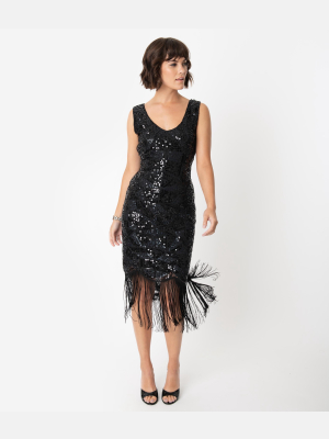 Unique Vintage 1920s Style Black Beaded & Sequin Adalene Cocktail Flapper Dress