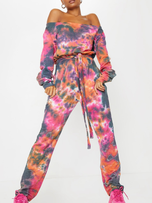 Multi Tie Dye Off Shoulder Tie Waist Sweat...