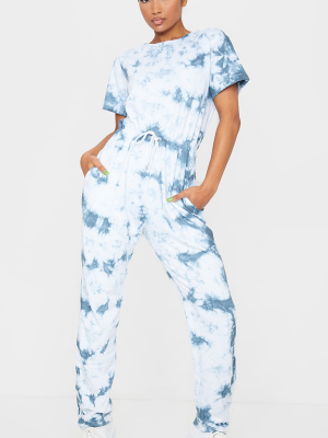 Dusty Blue Acid Wash Short Sleeve Sweat Jumpsuit