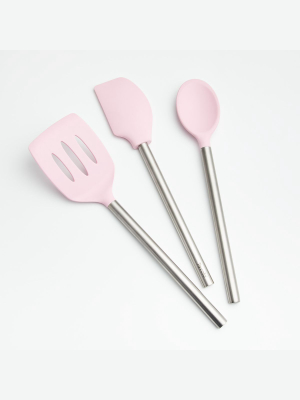 Pink Silicone Utensils With Stainless Steel Handles, Set Of 3